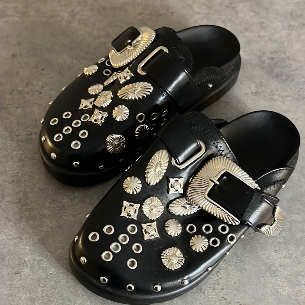 Black Studded Clogs with Silver Accents